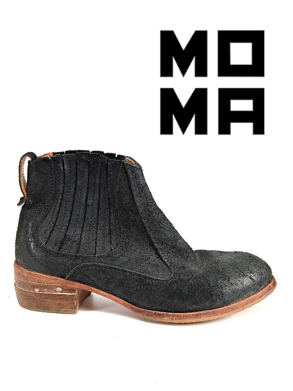 MOMA Chelsea Ankle Boots Black Distressed Suede Pull on Handmade Italy EU 38